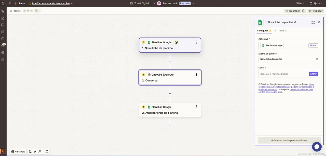 Interface do Zapier com um fluxo de automação.
