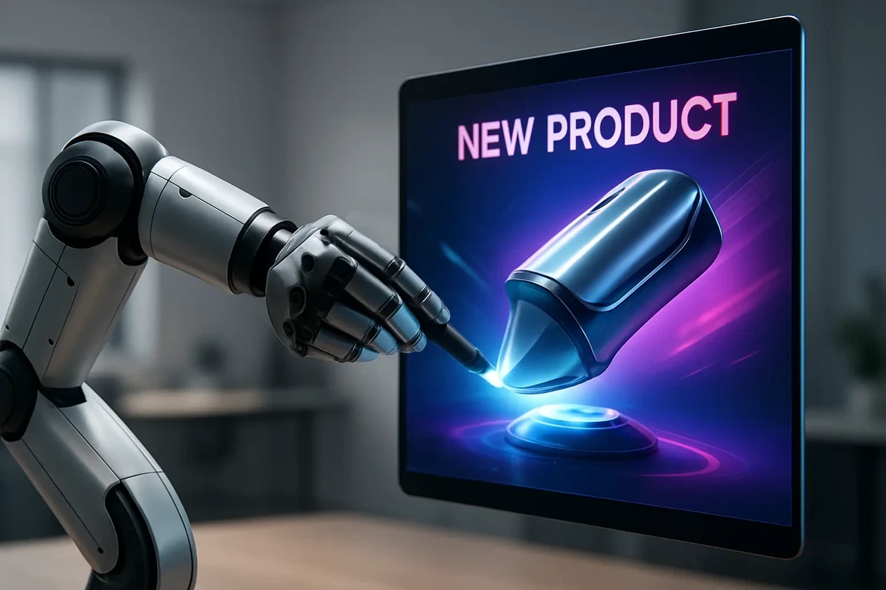 Braço robótico interagindo com tela digital que exibe um anúncio de "New Product" sendo criado.
