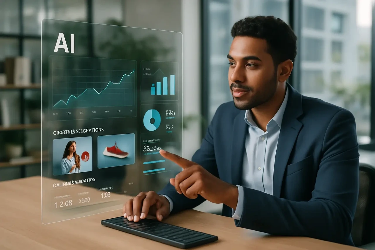 Profissional de marketing analisando gráficos e dados de campanha em uma interface de IA transparente.