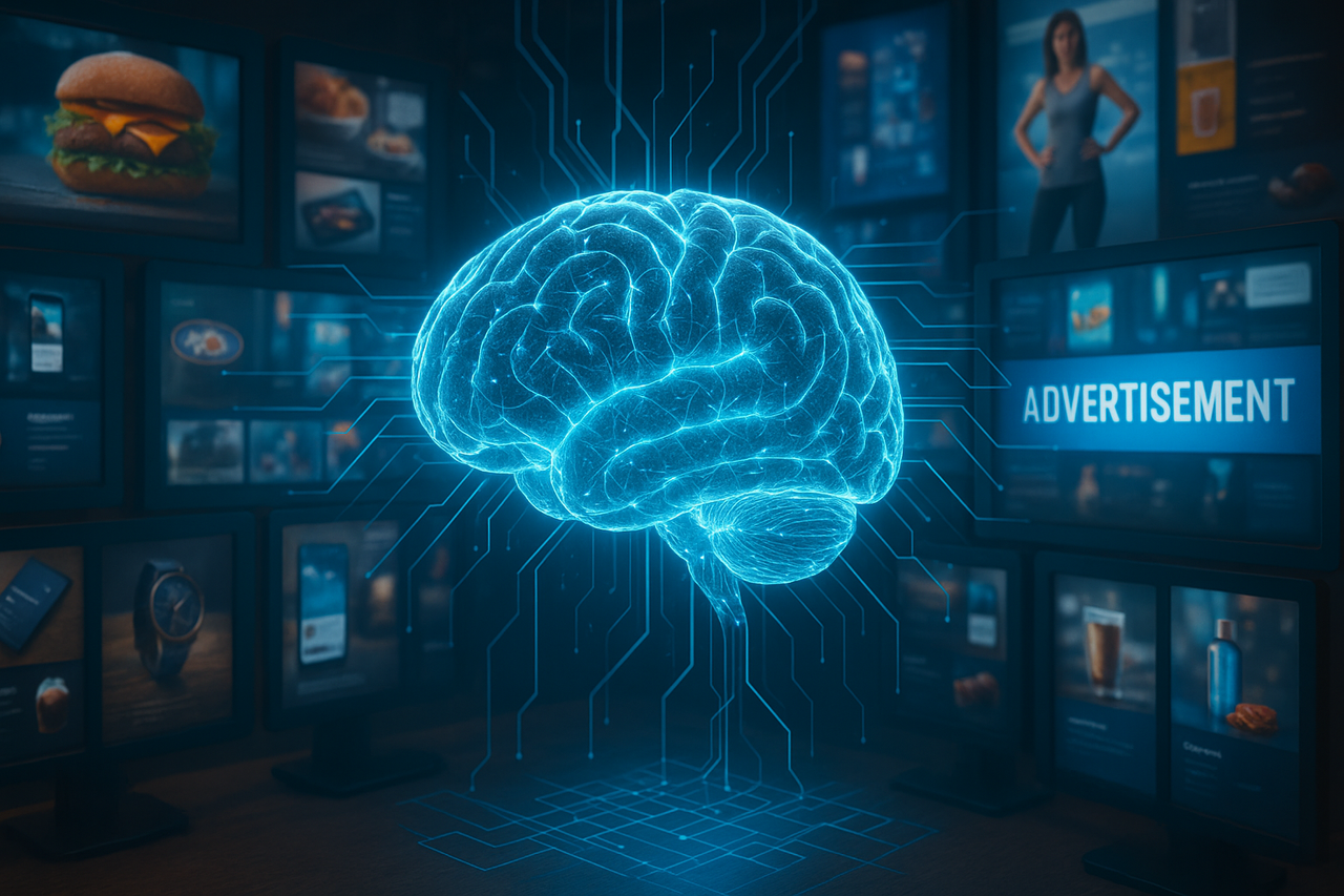 Cérebro digital azul brilhante conectado a telas holográficas exibindo gráficos e exemplos de anúncios.