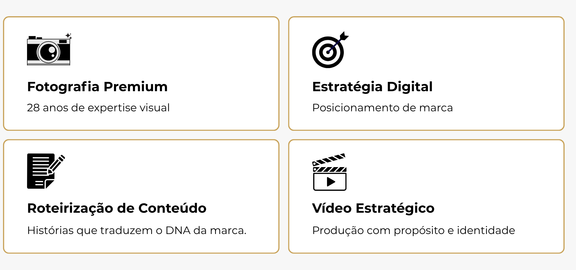 Serviços da Enfoque para Empresa: fotografia premium, social media, estratégia digital, roteirização de conteúdo e vídeo estratégico com propósito e identidade.