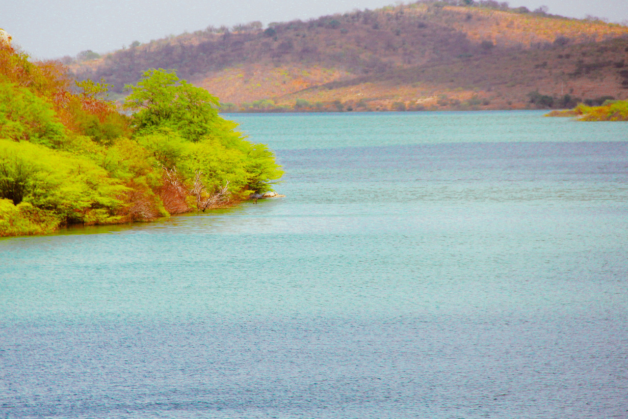 Foto contém paisagem seca ao fundo, mas ao lado direito contém vegetação verde próximo ao grande volume de água azul