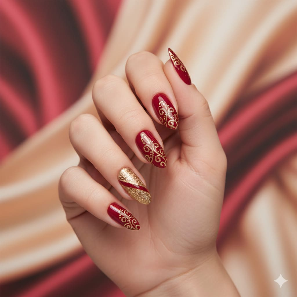 uñas rojas con dorado