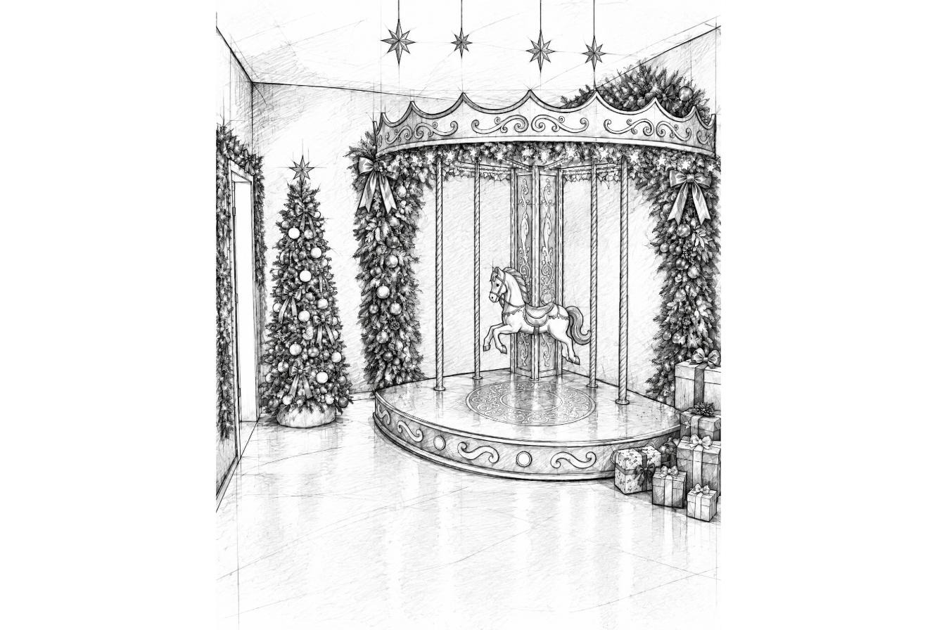 Estudo de projeto do cenário do carrossel de Natal, desenho em preto e branco