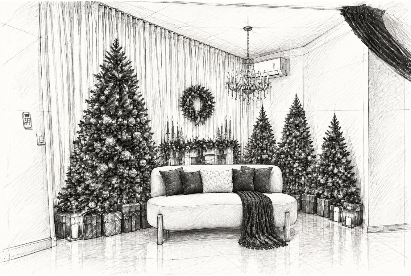 Estudo de projeto do cenário aconchegante com árvores de Natal e sofá, desenho em preto e branco