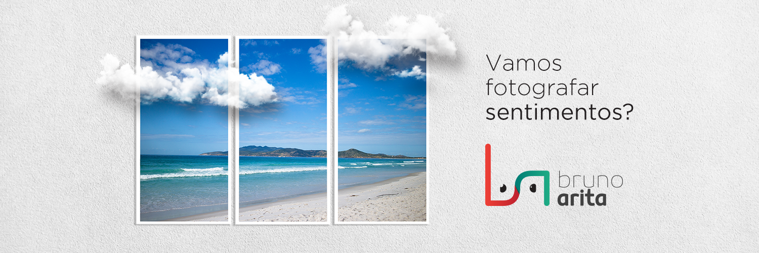 Banner com fotomontagem de três quadros de parede exibindo nuvens, com a frase 'Vamos fotografar sentimentos?' ao lado direito e o logotipo 'Bruno Arita Fotografando Sentimentos' abaixo, convidando à prática da fotografia."