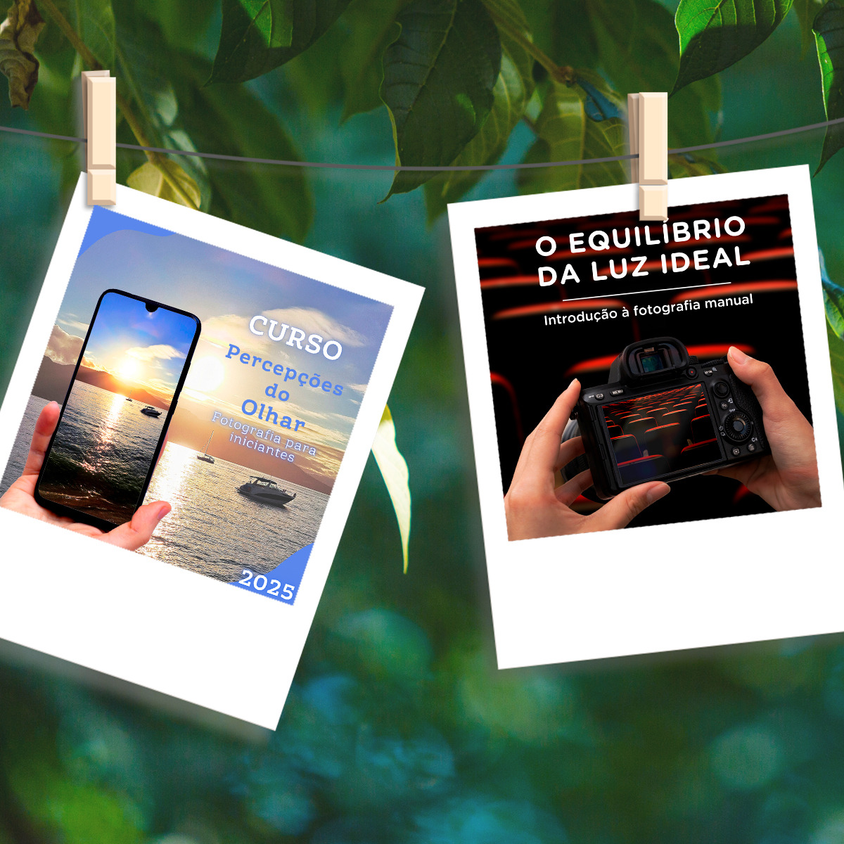Duas fotografias estilo polaroid penduradas em um varal com pregadores, em um fundo de natureza com folhas e desfoque verde, representando o combo de aquisição dos cursos de fotografia e a beleza dos registros.
