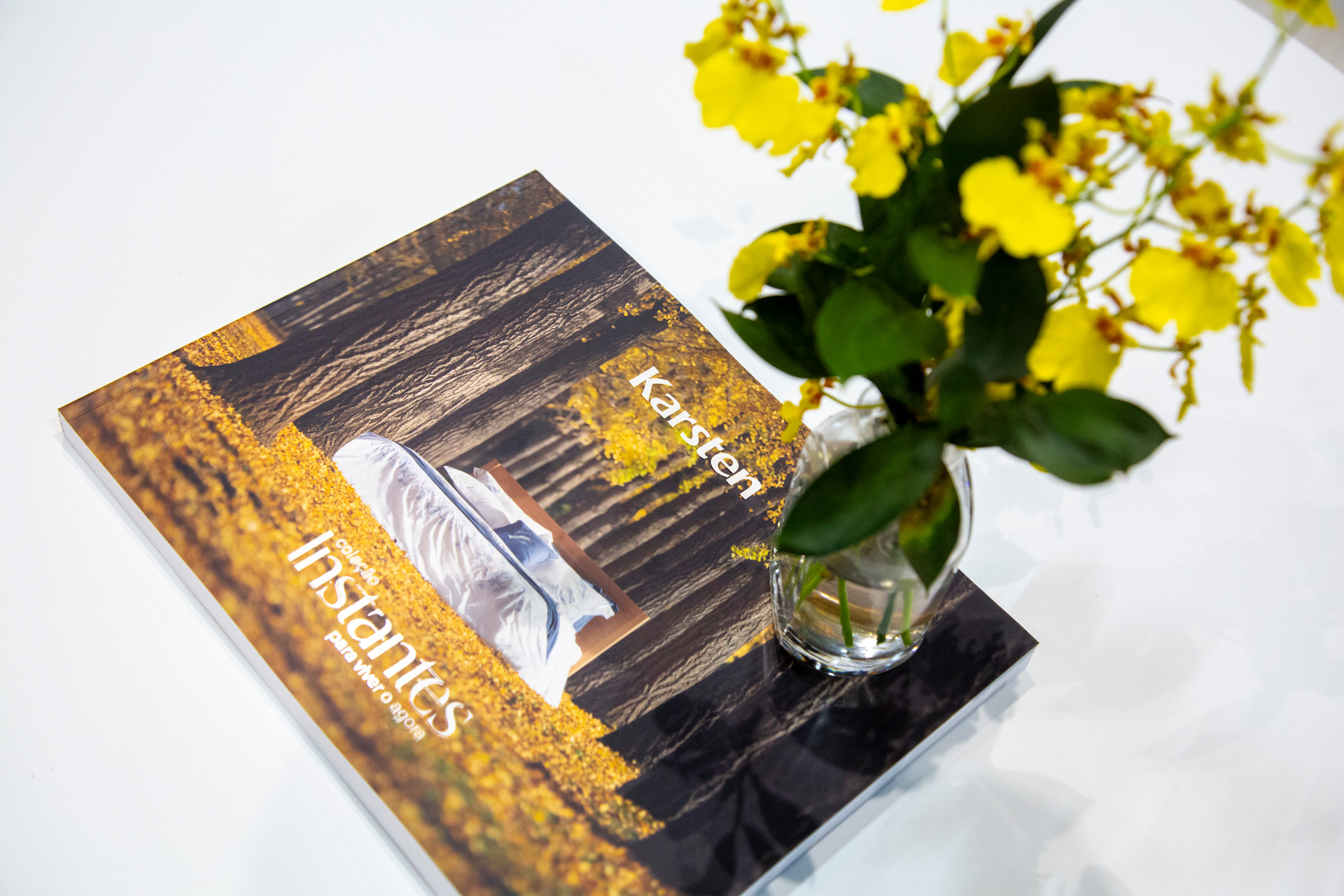 Vaso de flor delicado posicionado sobre um catálogo de uma grande empresa, sugerindo um ambiente corporativo sofisticado e atenção aos detalhes.