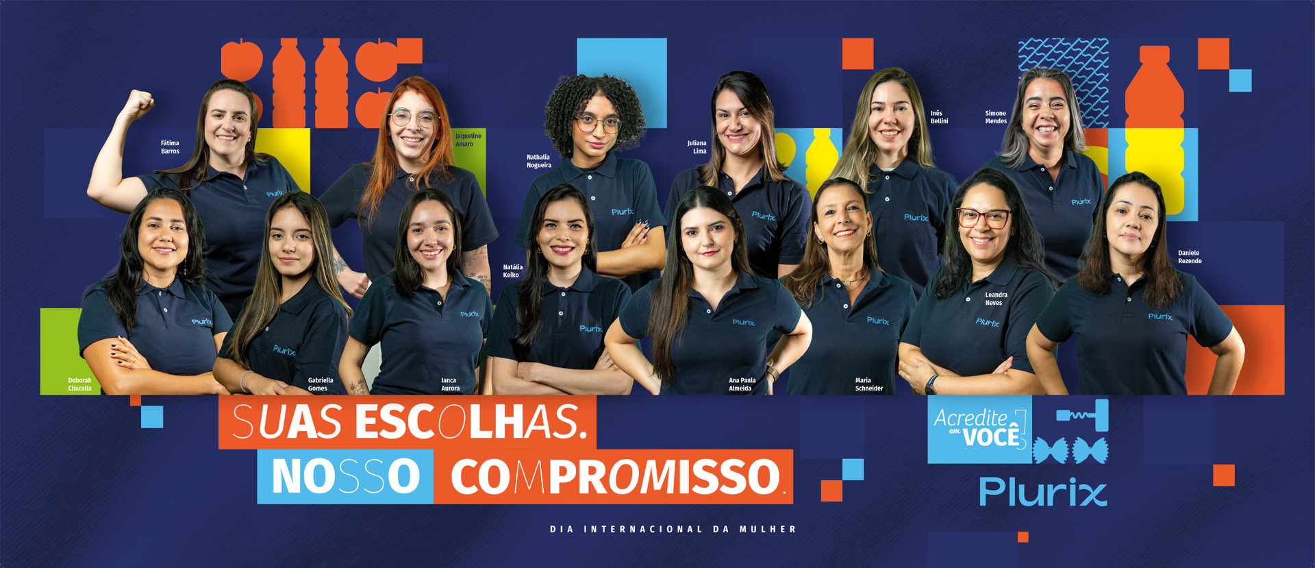 Painel de fotomontagem exibindo diversos retratos femininos, criado para celebrar o Dia da Mulher em um ambiente corporativo, destacando a valorização da equipe.