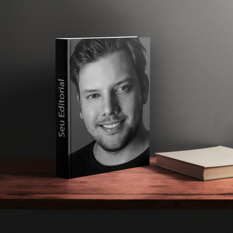 Capa de álbum fotográfico exibindo um retrato masculino em close-up, em preto e branco, com expressão marcante, sugerindo um editorial de personalidade ou portfólio.