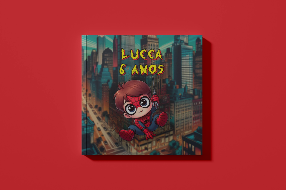Álbum fotográfico profissional quadrado com capa temática de super-herói: um menino desenhado como Homem-Aranha em uma cidade estilo gibi, com 'Lucca 6 anos' escrito. O álbum está em um fundo vermelho.