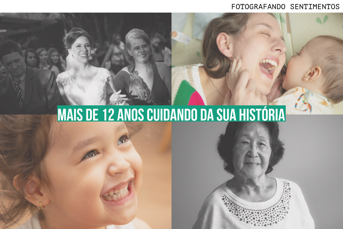 Imagem mosaico com fotos realizadas por Bruno Arita e com dizeres "mais de 12 anos cuidando da sua história"