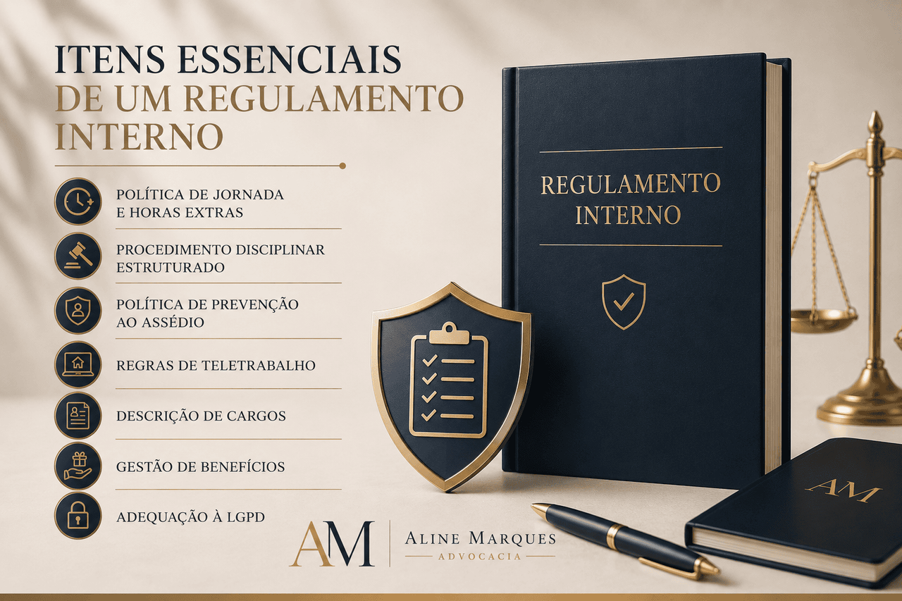Os principais riscos de não ter um regulamento interno 1. Horas extras inesperadas Sem controle formal de jornada, o ônus da prova recai sobre a empresa.  2. Assédio sem prevenção A Lei 14.457/2022 exige política interna e canal de denúncia.  3. Justa causa anulada Sem procedimento disciplinar estruturado, a demissão pode ser revertida.  4. Home office desorganizado Sem regras claras, surgem conflitos sobre jornada, custos e responsabilidades.  5. Equiparação salarial Sem descrição de cargos, aumentam os pedidos judiciais retroativos.  6. Benefícios que viram obrigação Práticas informais podem se tornar direitos adquiridos.