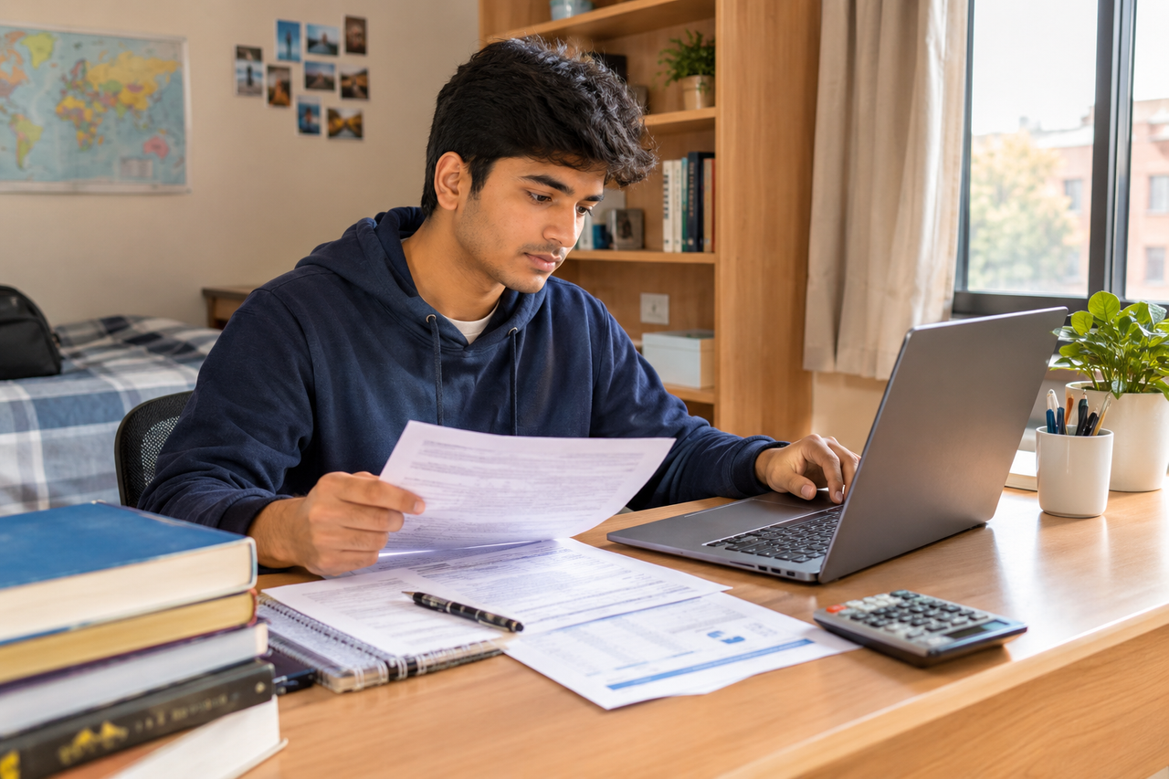 Indian student reviewing MBBS abroad budget planning documents