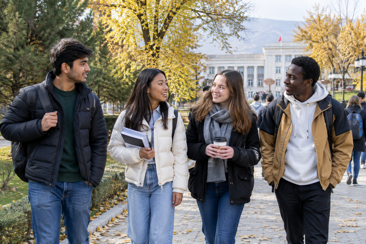 International students walking on Osh university campus pathway