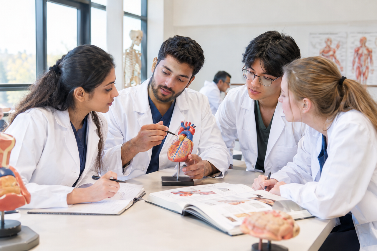 Medical students studying together in a classroom at Osh state medical university