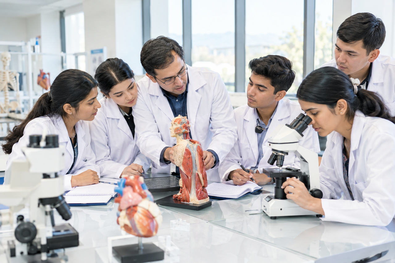 Medical students studying in a laboratory at Osh state medical university