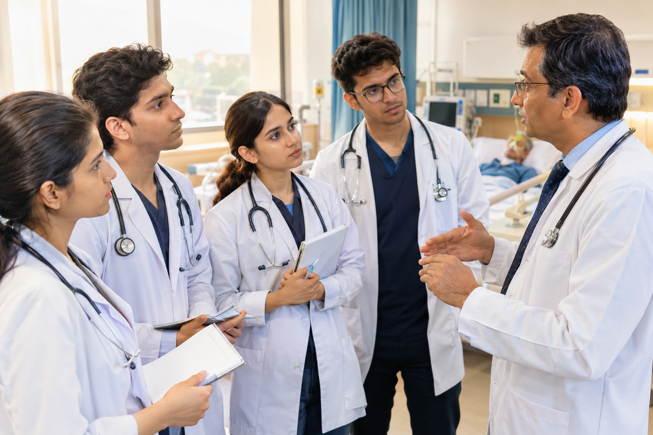 Students learning with a doctor in Osh state medical university clinical training